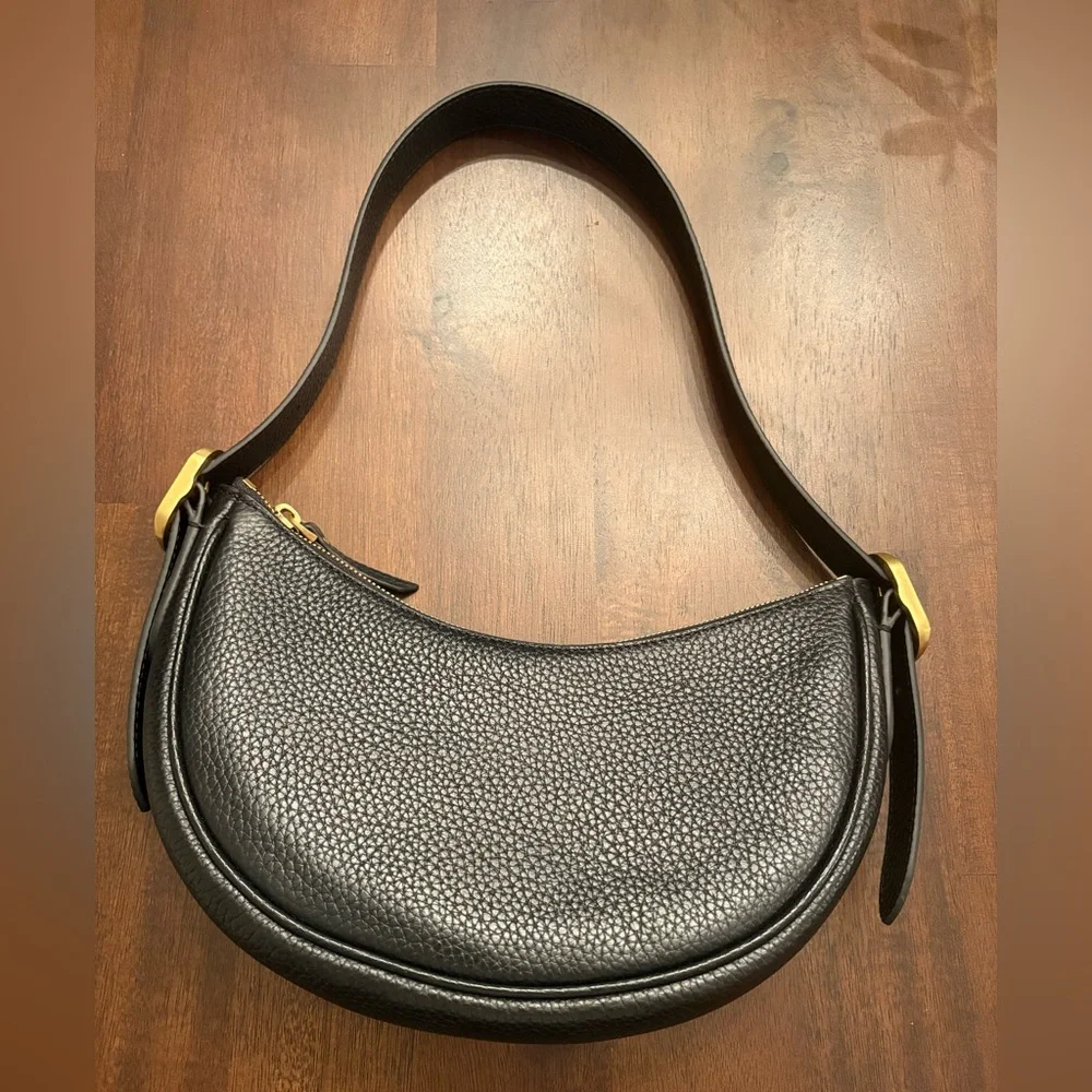 Quince Black Italian Pebbled Leather Mini Crescent Shoulder Bag Gold Hardware - Picture 2 of 6